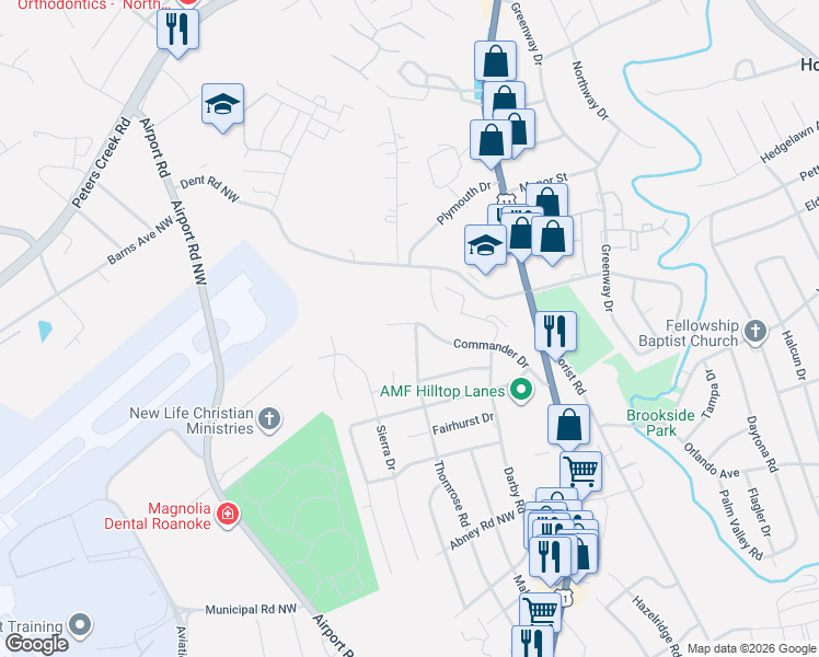 map of restaurants, bars, coffee shops, grocery stores, and more near 827-899 Commander Drive in Roanoke