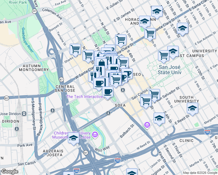 map of restaurants, bars, coffee shops, grocery stores, and more near  in San Jose