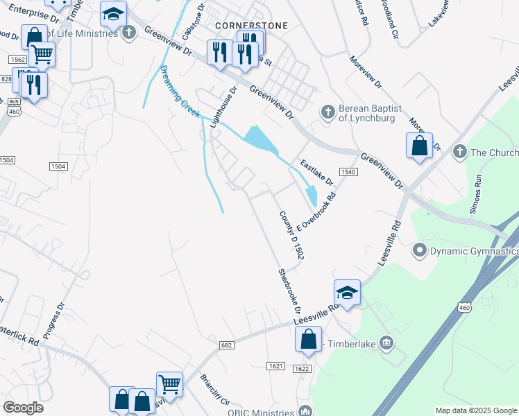 map of restaurants, bars, coffee shops, grocery stores, and more near 403 Sherbrooke Drive in Lynchburg