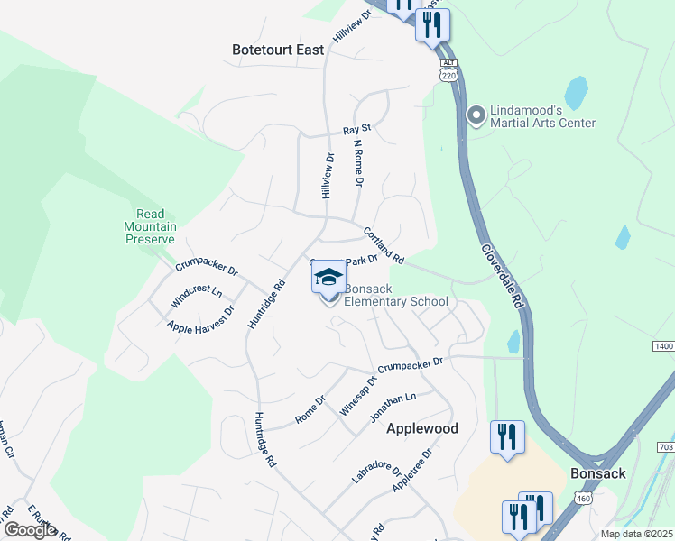 map of restaurants, bars, coffee shops, grocery stores, and more near 5045 Orchard Park Drive in Roanoke