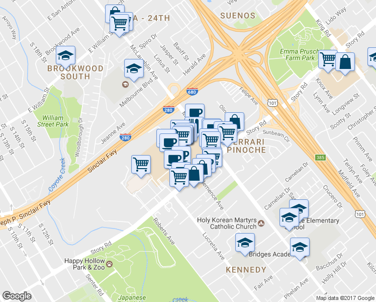 map of restaurants, bars, coffee shops, grocery stores, and more near 995 Story Road in San Jose