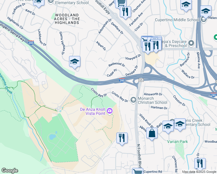 map of restaurants, bars, coffee shops, grocery stores, and more near 1440 Kring Way in Los Altos
