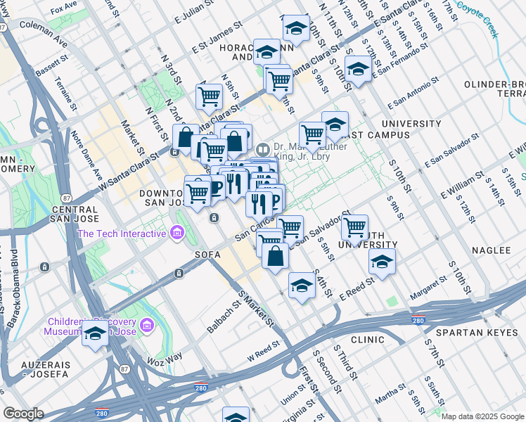 map of restaurants, bars, coffee shops, grocery stores, and more near 201 South 4th Street in San Jose