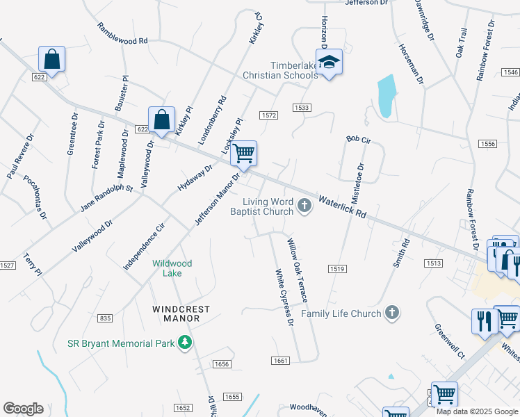 map of restaurants, bars, coffee shops, grocery stores, and more near 99 Moss Creek Drive in Forest