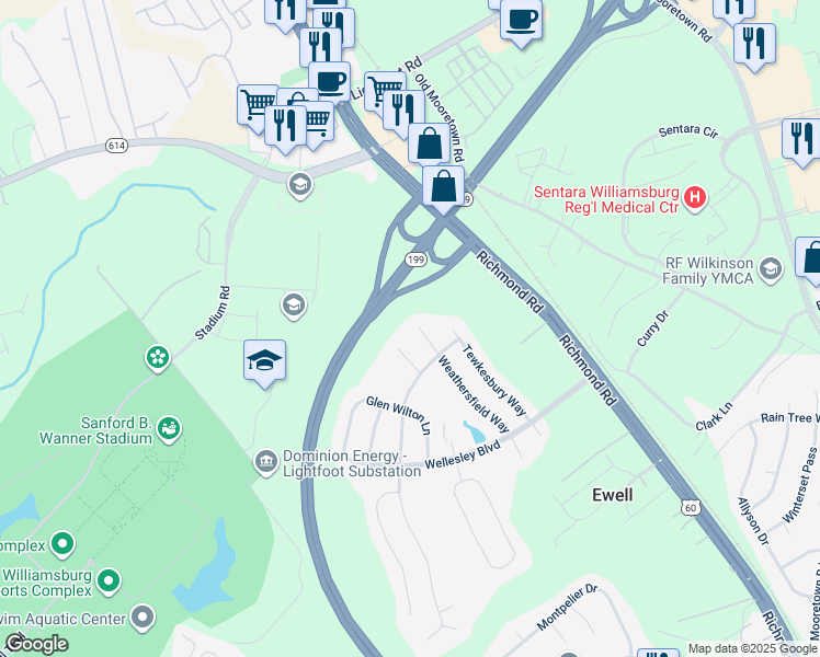map of restaurants, bars, coffee shops, grocery stores, and more near 6281 Weathersfield Way in Williamsburg