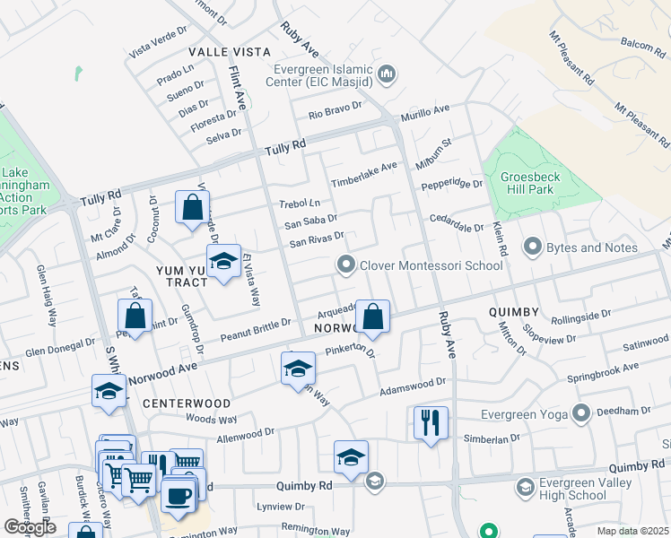 map of restaurants, bars, coffee shops, grocery stores, and more near 3343 Quesada Drive in San Jose
