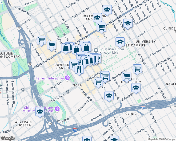 map of restaurants, bars, coffee shops, grocery stores, and more near 100 Paseo de San Antonio in San Jose