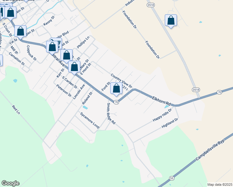 map of restaurants, bars, coffee shops, grocery stores, and more near 117 Watson Court in Campbellsville