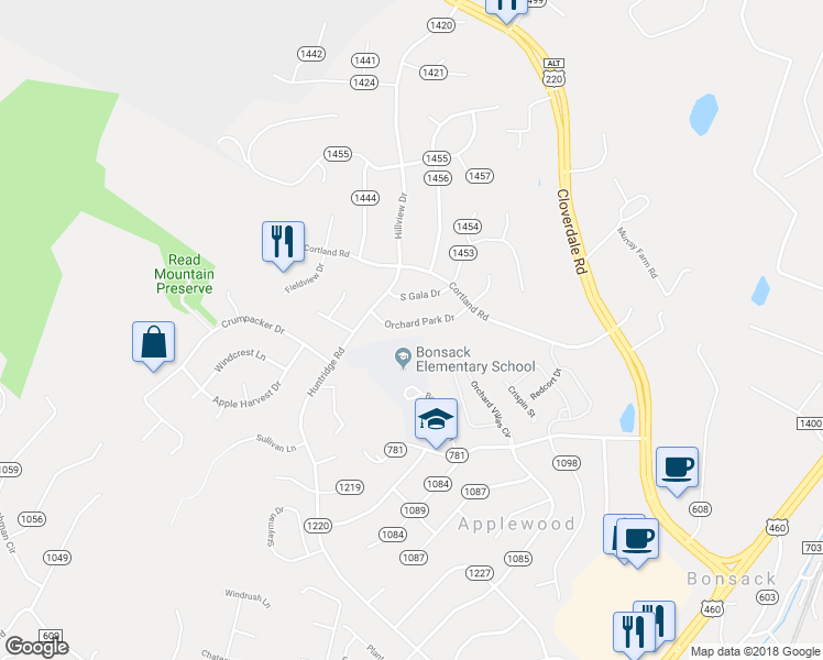map of restaurants, bars, coffee shops, grocery stores, and more near 5045 Orchard Park Drive in Roanoke