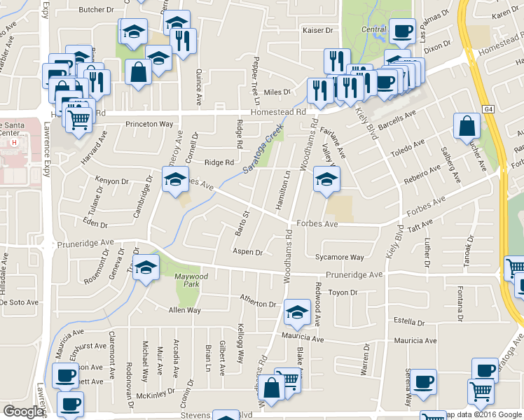 map of restaurants, bars, coffee shops, grocery stores, and more near Forbes Avenue & Flannery Street in Santa Clara