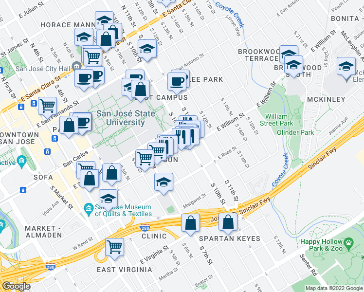 map of restaurants, bars, coffee shops, grocery stores, and more near 448 South 9th Street in San Jose