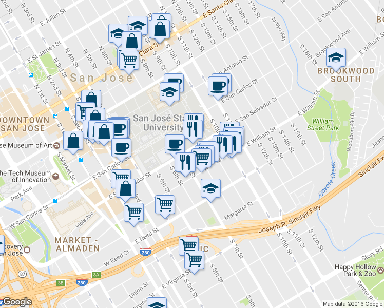 map of restaurants, bars, coffee shops, grocery stores, and more near 372 East San Salvador Street in San Jose