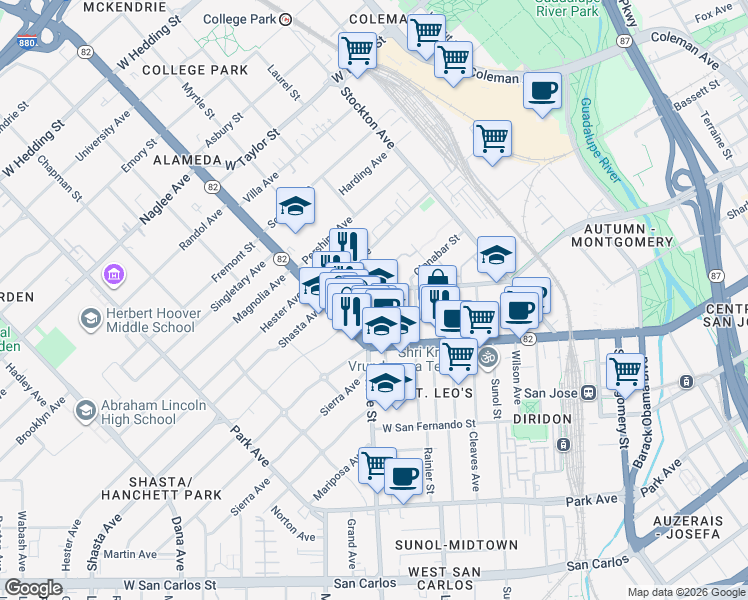 map of restaurants, bars, coffee shops, grocery stores, and more near 1310 The Alameda in San Jose