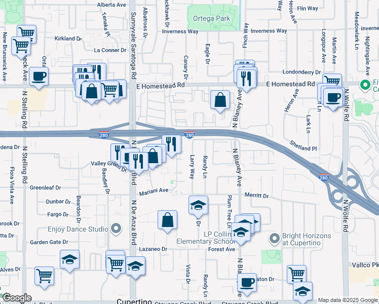 map of restaurants, bars, coffee shops, grocery stores, and more near 10727 Larry Way in Cupertino