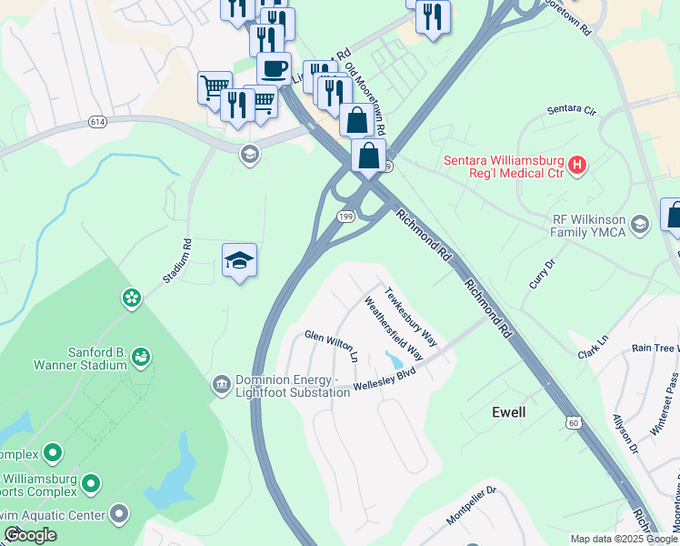 map of restaurants, bars, coffee shops, grocery stores, and more near 6281 Weathersfield Way in Williamsburg