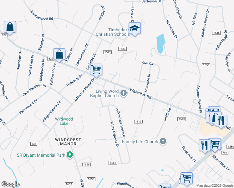 map of restaurants, bars, coffee shops, grocery stores, and more near 4240 Waterlick Road in Forest