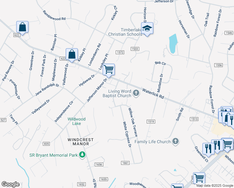 map of restaurants, bars, coffee shops, grocery stores, and more near 101 Moss Creek Drive in Forest