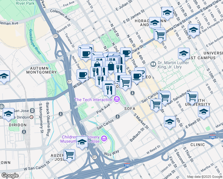 map of restaurants, bars, coffee shops, grocery stores, and more near 121 South Market Street in San Jose