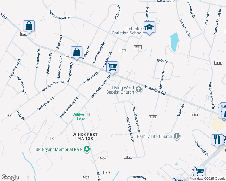 map of restaurants, bars, coffee shops, grocery stores, and more near 126 Moss Creek Drive in Forest