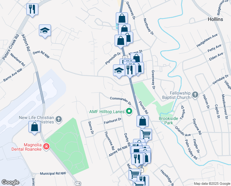 map of restaurants, bars, coffee shops, grocery stores, and more near 6136 Darby Road in Roanoke