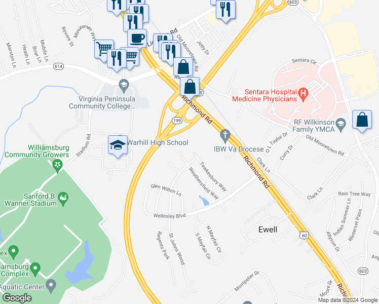 map of restaurants, bars, coffee shops, grocery stores, and more near 6285 Tewkesbury Way in Williamsburg
