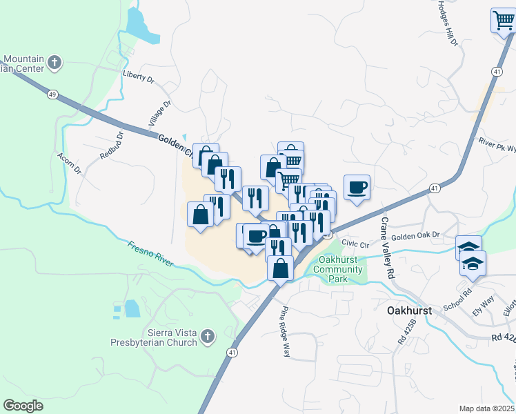 map of restaurants, bars, coffee shops, grocery stores, and more near Junction Drive in Oakhurst