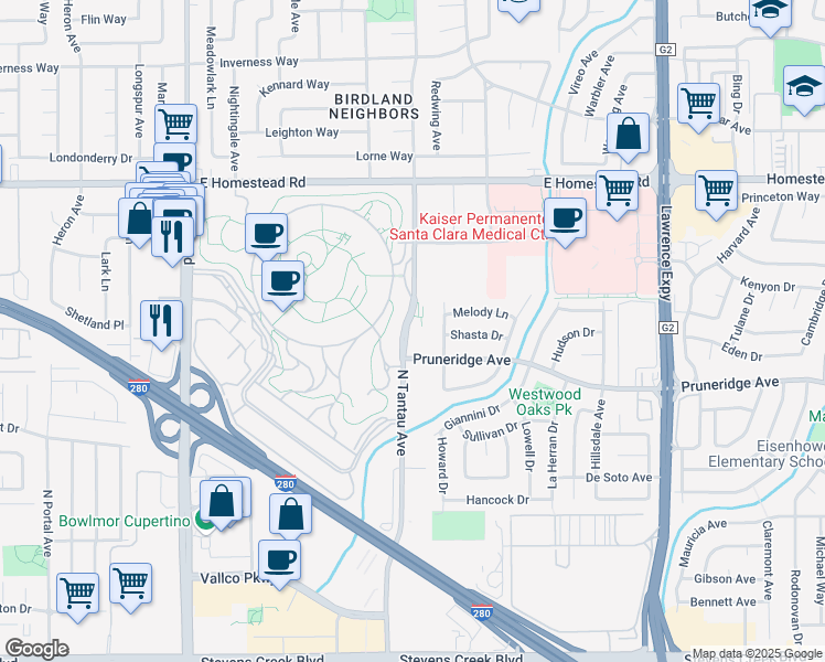 map of restaurants, bars, coffee shops, grocery stores, and more near 10600 North Tantau Avenue in Cupertino