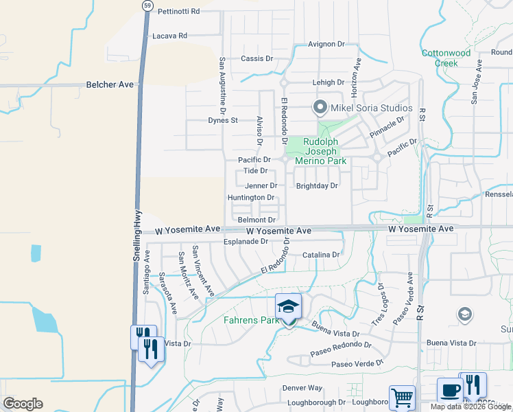 map of restaurants, bars, coffee shops, grocery stores, and more near 1342 Huntington Drive in Merced