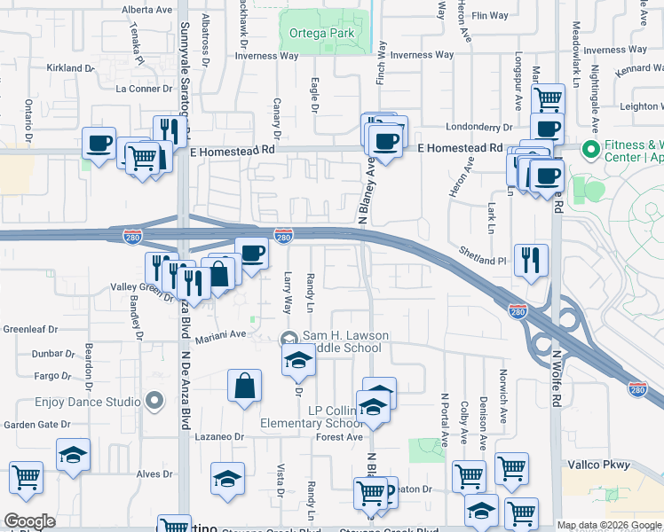 map of restaurants, bars, coffee shops, grocery stores, and more near 20200 Lucille Avenue in Cupertino