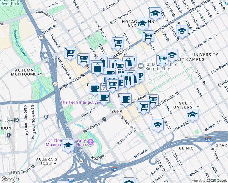 map of restaurants, bars, coffee shops, grocery stores, and more near 154 South 1st Street in San Jose