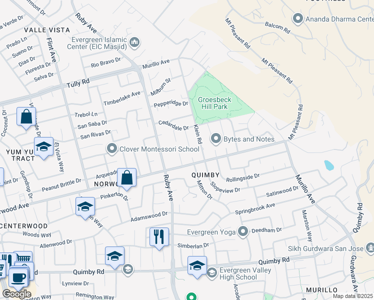 map of restaurants, bars, coffee shops, grocery stores, and more near 2859 Broken Oak Court in San Jose