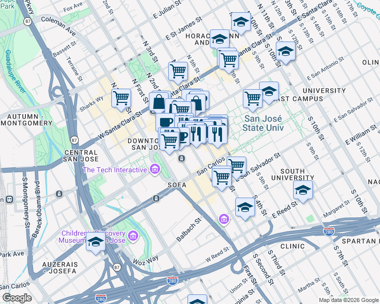 map of restaurants, bars, coffee shops, grocery stores, and more near 201 South 2nd Street in San Jose