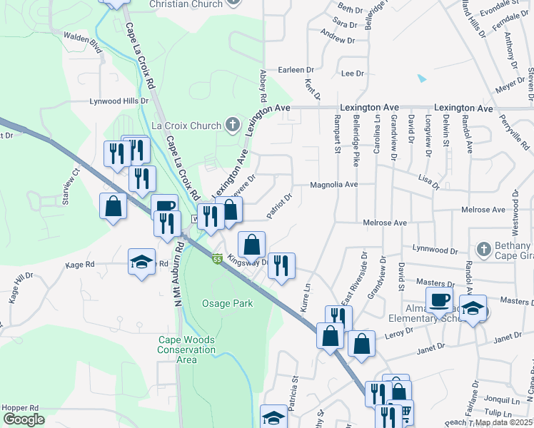 map of restaurants, bars, coffee shops, grocery stores, and more near 3032 Patriot Drive in Cape Girardeau