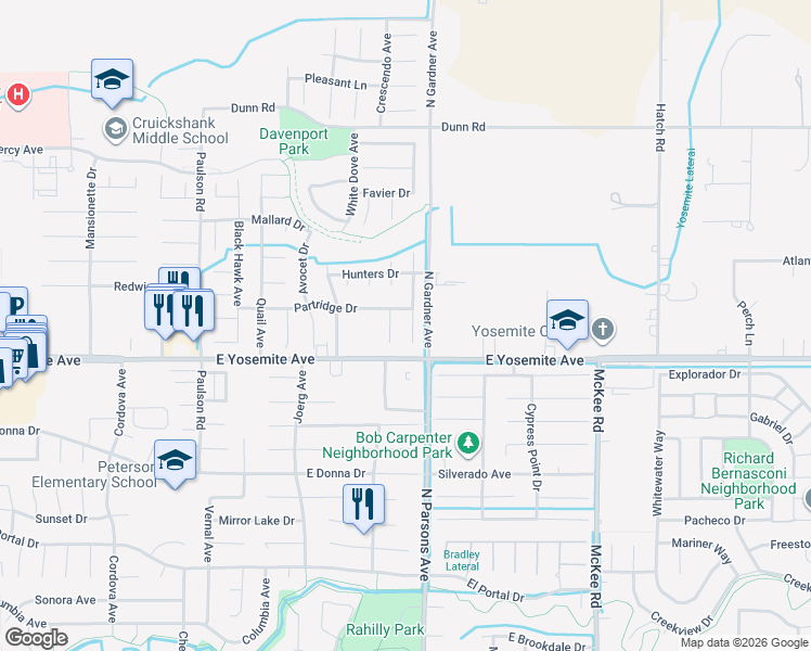 map of restaurants, bars, coffee shops, grocery stores, and more near 3664 Swan Court in Merced