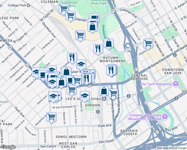 map of restaurants, bars, coffee shops, grocery stores, and more near 250 Stockton Avenue in San Jose
