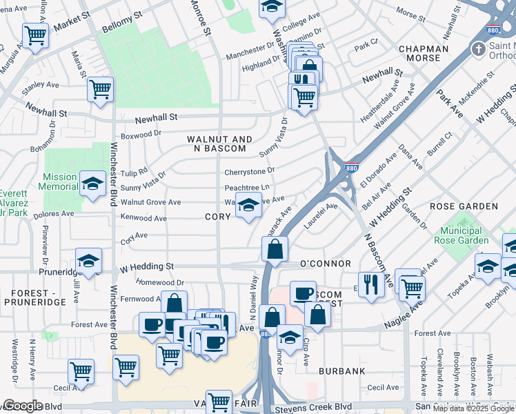 map of restaurants, bars, coffee shops, grocery stores, and more near 2222 Walnut Grove Avenue in San Jose