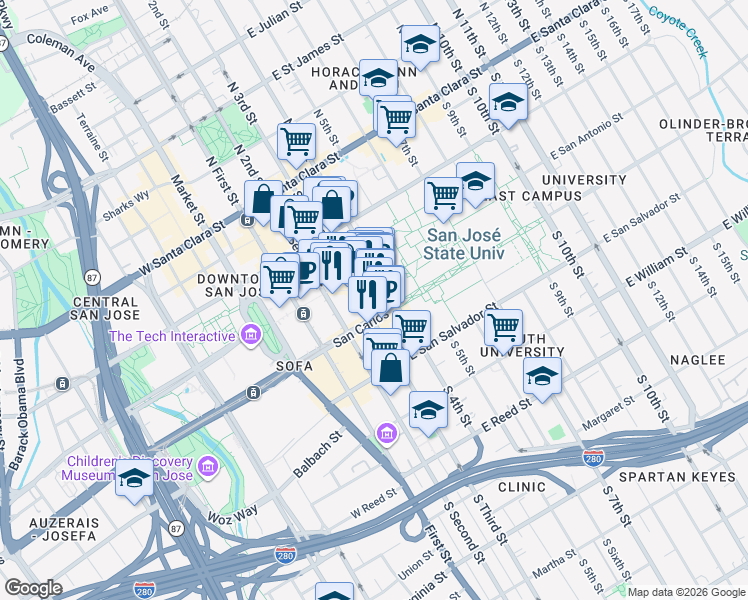 map of restaurants, bars, coffee shops, grocery stores, and more near 110 Paseo de San Antonio in San Jose