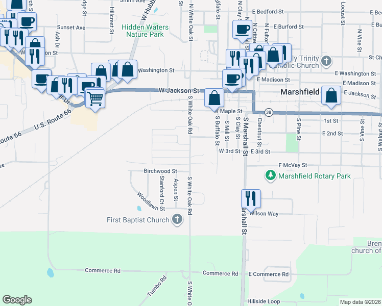 map of restaurants, bars, coffee shops, grocery stores, and more near 554 South White Oak Road in Marshfield