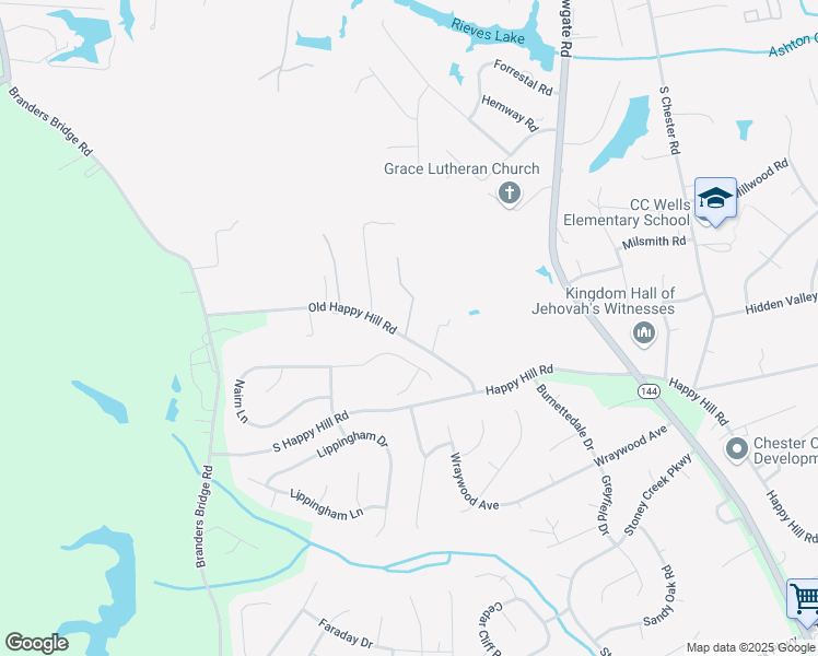 map of restaurants, bars, coffee shops, grocery stores, and more near 13225 Old Happy Hill Road in Chester