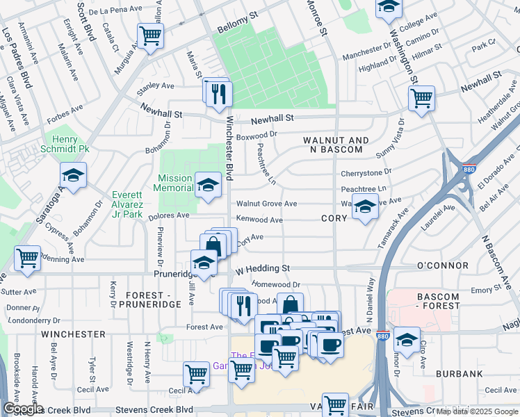 map of restaurants, bars, coffee shops, grocery stores, and more near 2440 Walnut Grove Avenue in San Jose