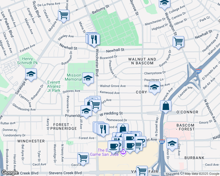 map of restaurants, bars, coffee shops, grocery stores, and more near 2440 Walnut Grove Avenue in San Jose
