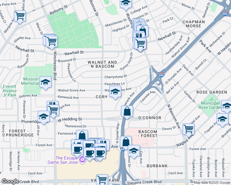 map of restaurants, bars, coffee shops, grocery stores, and more near 2265 Walnut Grove Avenue in San Jose