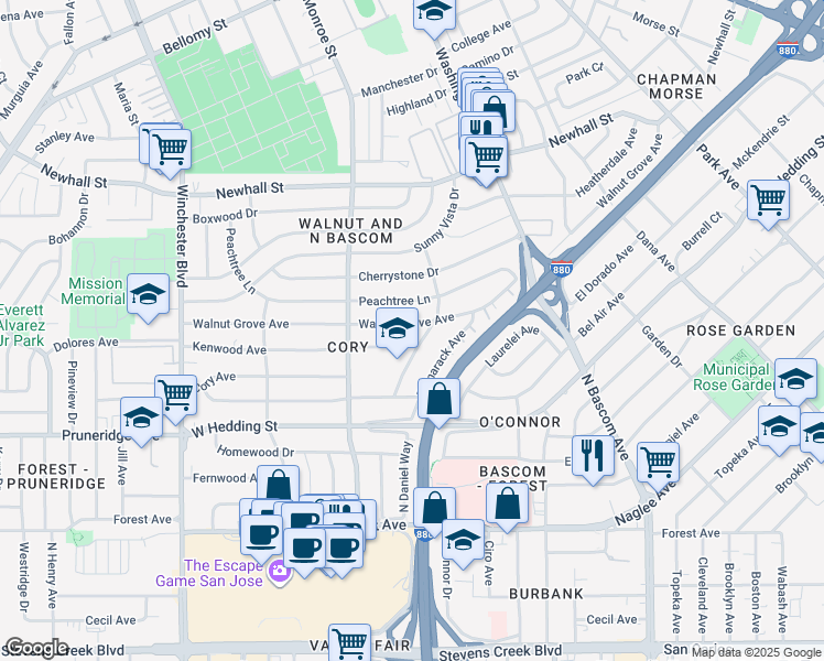 map of restaurants, bars, coffee shops, grocery stores, and more near 2222 Walnut Grove Avenue in San Jose