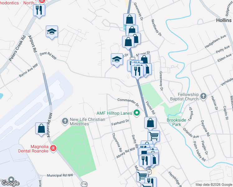 map of restaurants, bars, coffee shops, grocery stores, and more near 6160 Darby Road in Roanoke