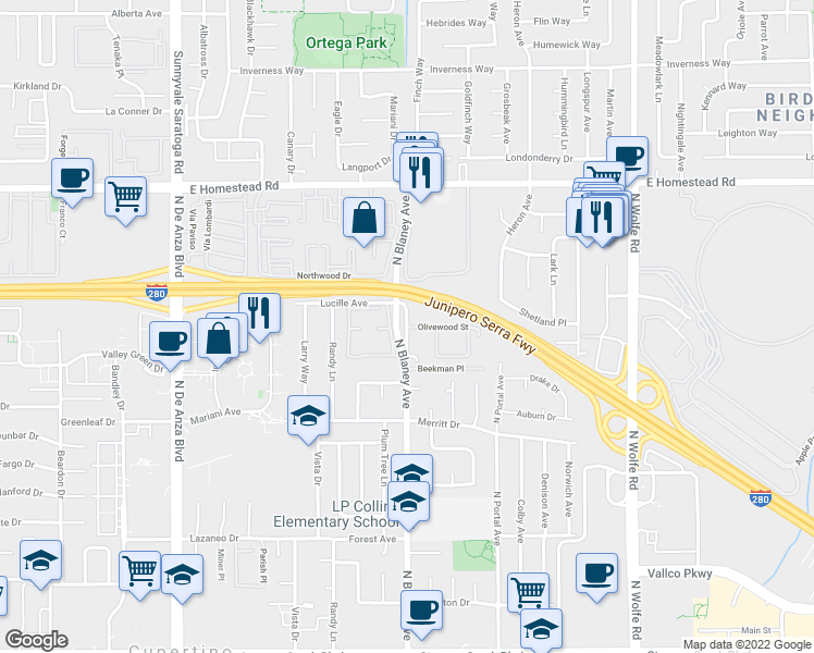 map of restaurants, bars, coffee shops, grocery stores, and more near North Blaney Avenue & Olivewood Street in Cupertino