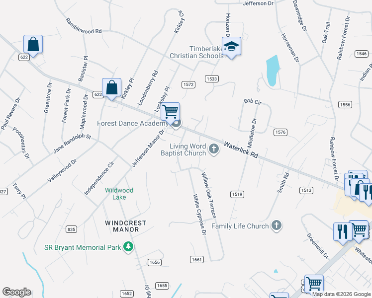 map of restaurants, bars, coffee shops, grocery stores, and more near 101 Moss Creek Drive in Forest
