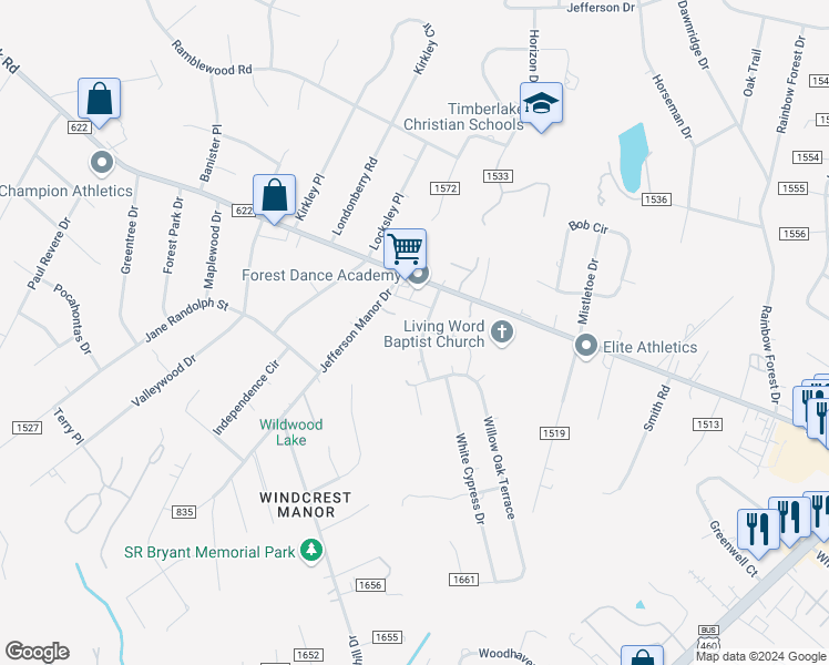 map of restaurants, bars, coffee shops, grocery stores, and more near 101 Moss Creek Drive in Forest