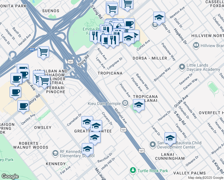 map of restaurants, bars, coffee shops, grocery stores, and more near 1462 Terilyn Avenue in San Jose