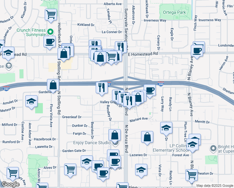 map of restaurants, bars, coffee shops, grocery stores, and more near 10745 North De Anza Boulevard in Cupertino