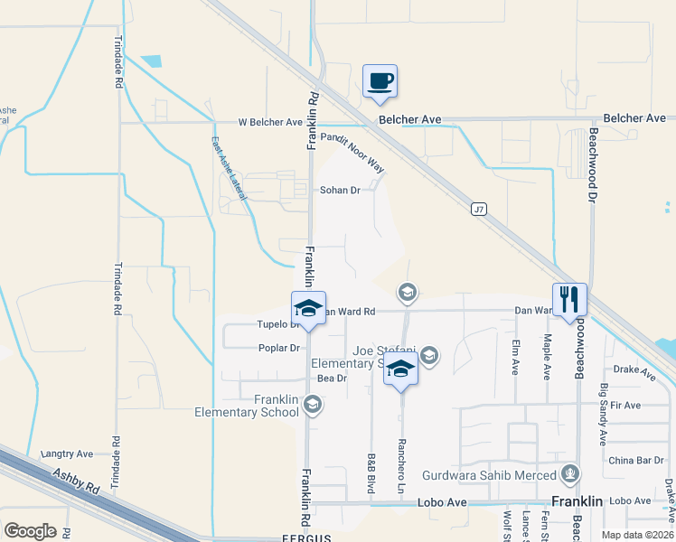 map of restaurants, bars, coffee shops, grocery stores, and more near 3119 Lorrie Court in Merced